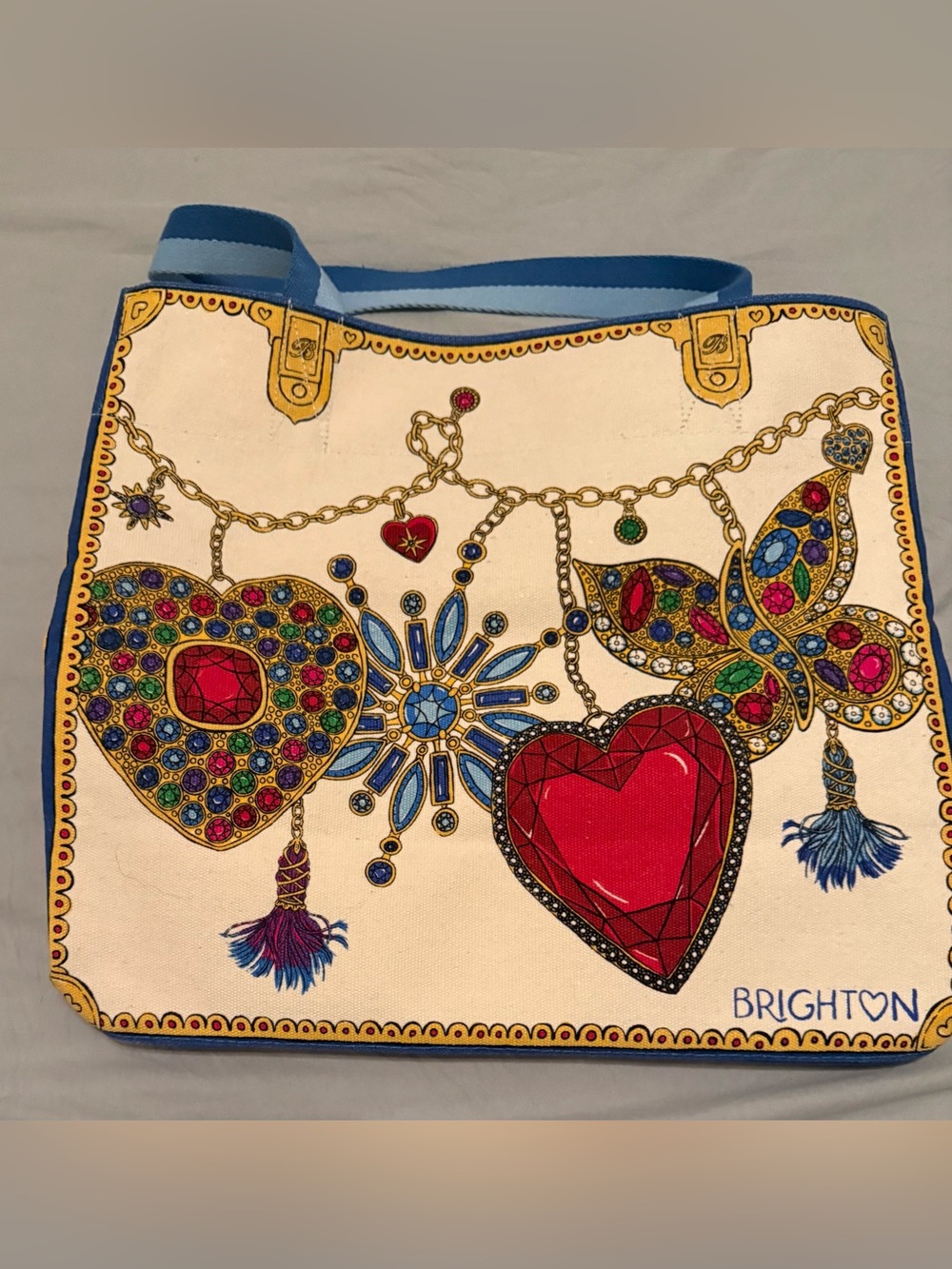 Brighton Canvas Tote Bag with Red Heart Jewel Print